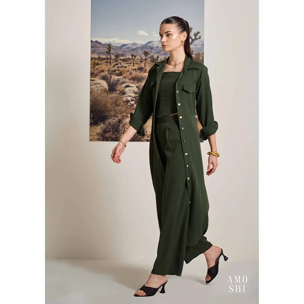 AMOSHI Olive Solid/Plain Trench Detachable Belt Coat