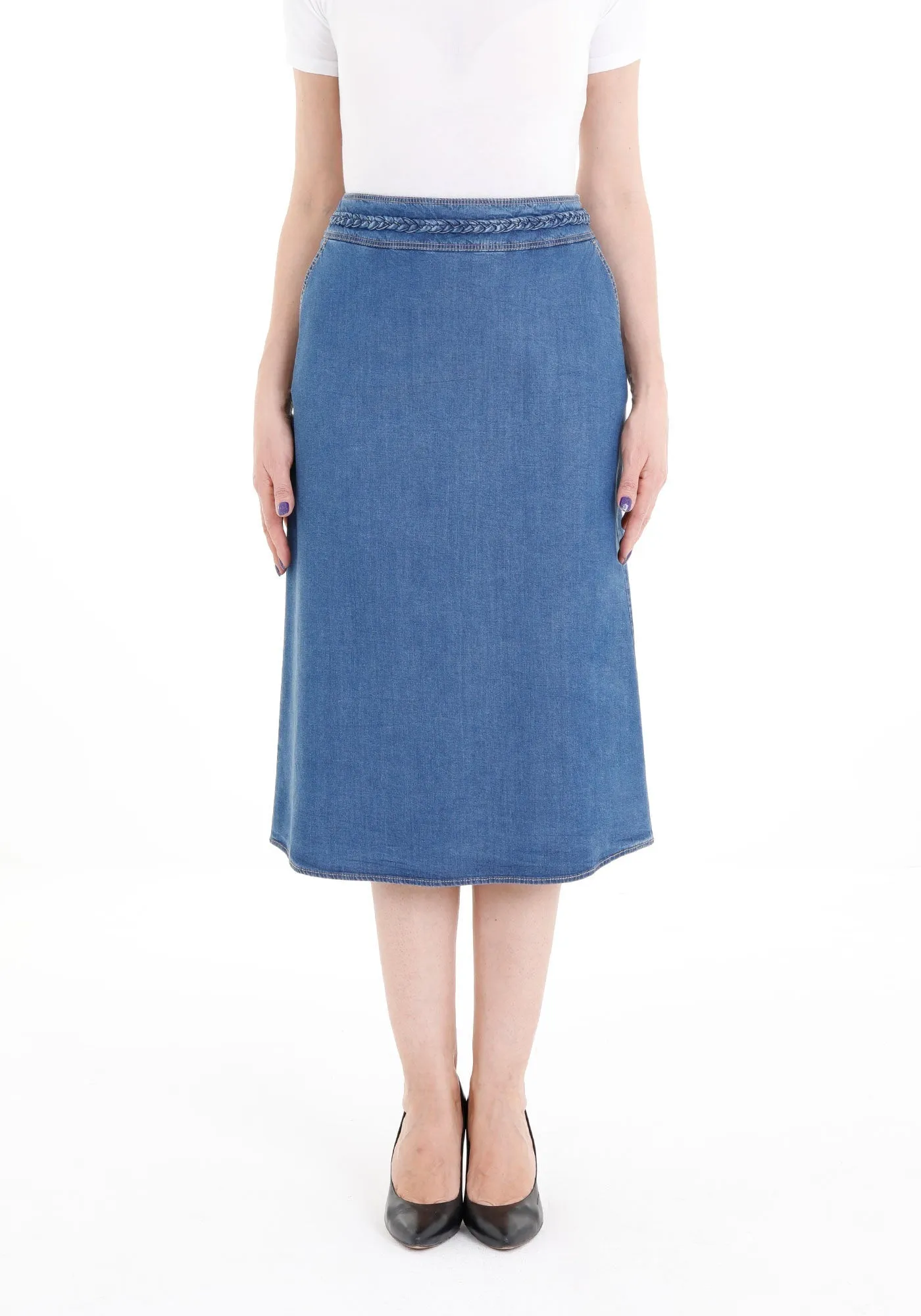 Blue Tencel A-Line Denim Midi Skirt with Knit Waistband Belt and Pockets - G-Line