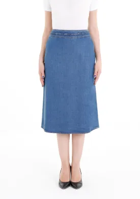 Blue Tencel A-Line Denim Midi Skirt with Knit Waistband Belt and Pockets - G-Line