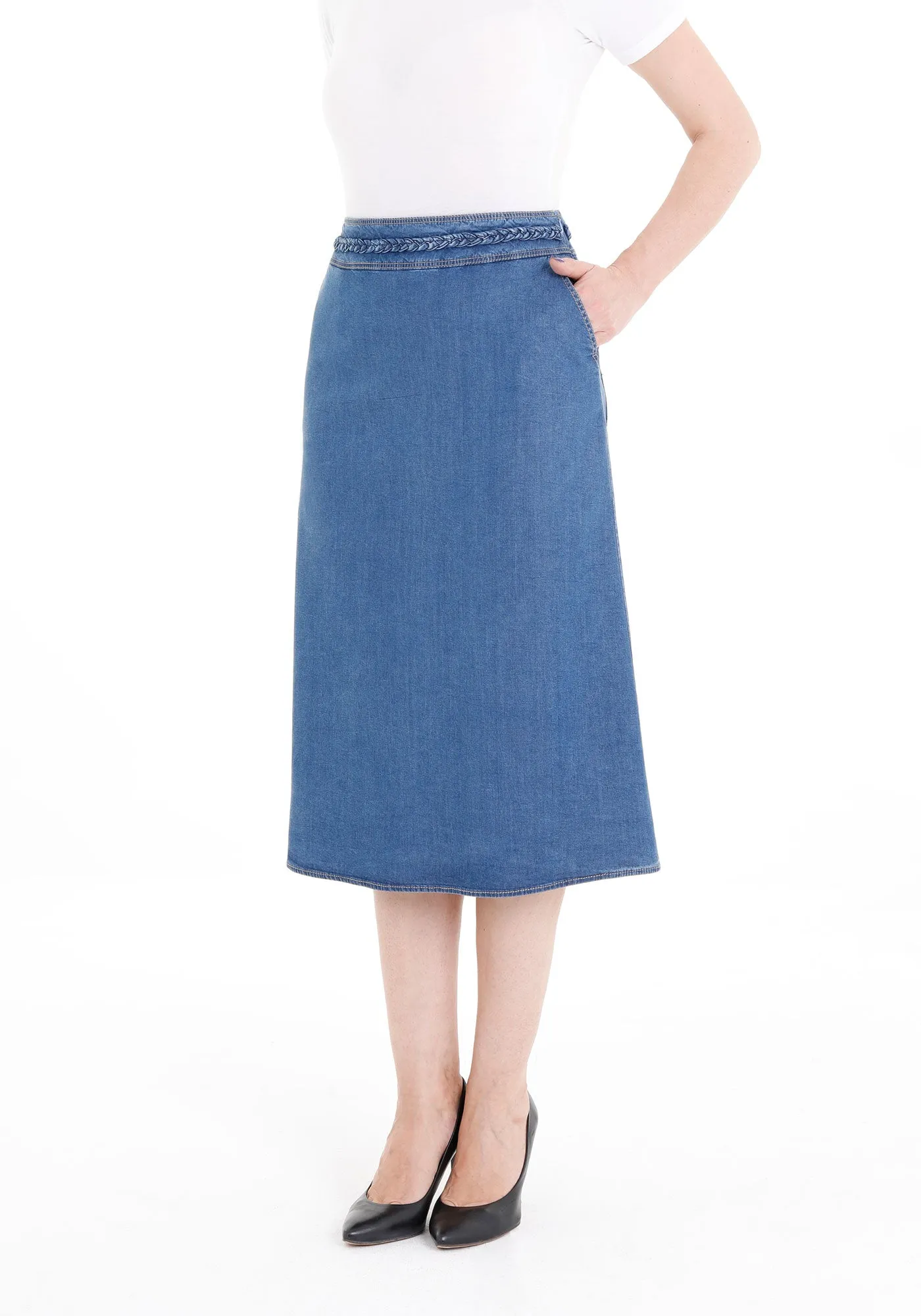 Blue Tencel A-Line Denim Midi Skirt with Knit Waistband Belt and Pockets - G-Line