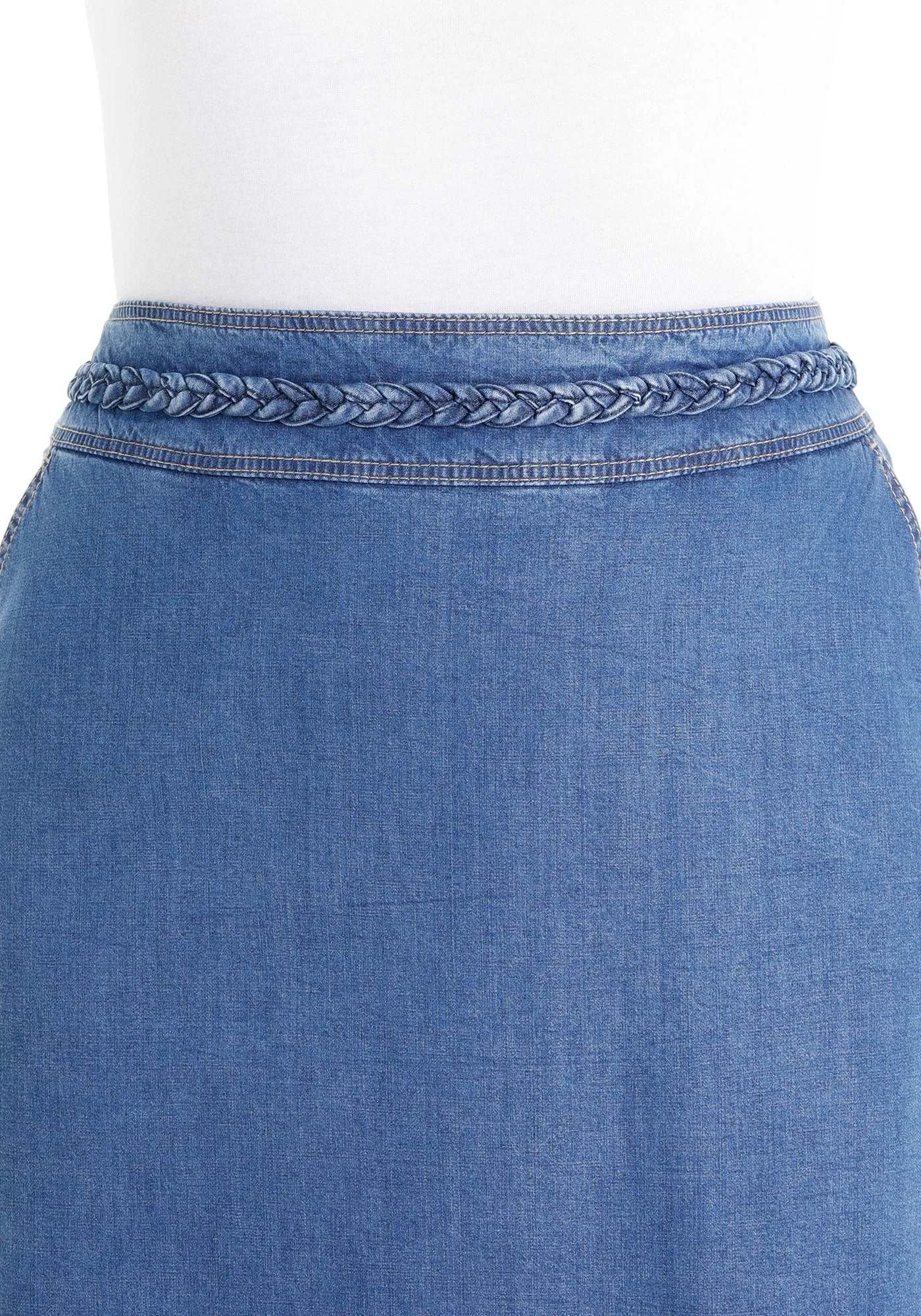 Blue Tencel A-Line Denim Midi Skirt with Knit Waistband Belt and Pockets - G-Line