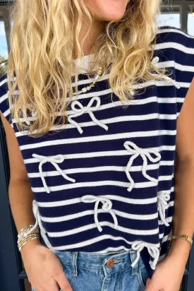 Blue Zone Planet |  Blue Stripe Knitted Bow Decor Sweater Vest