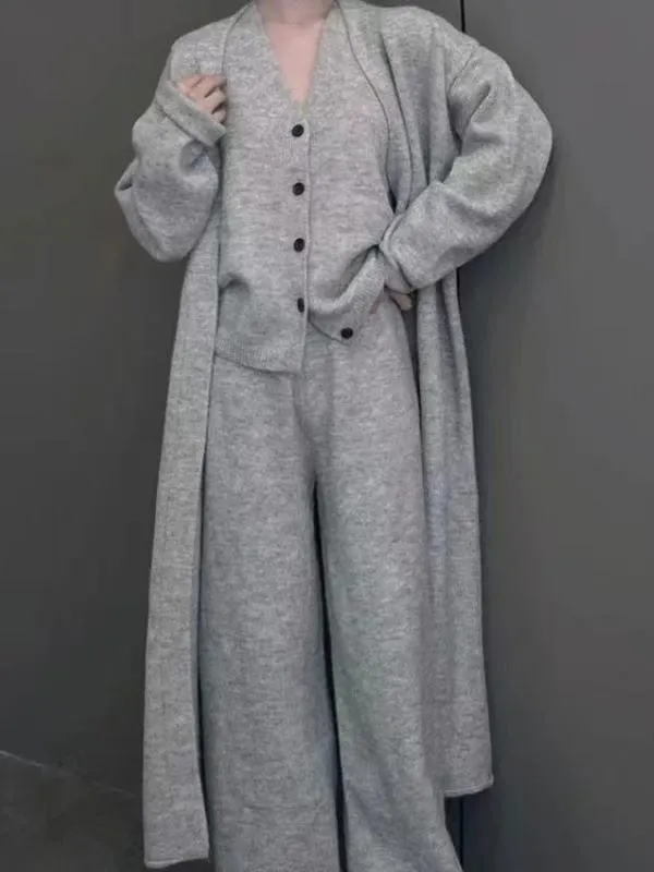 Casual Knitted Long Jacket&Vest&Pants 3 Pieces Suit