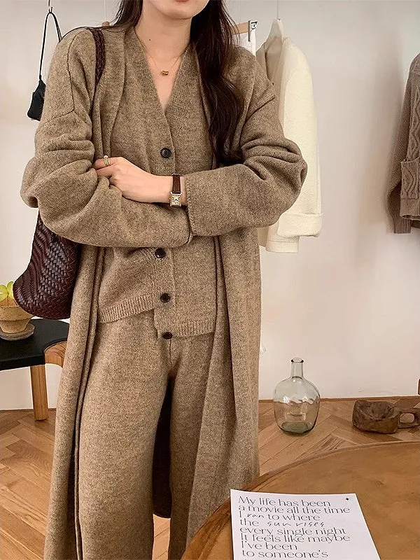Casual Knitted Long Jacket&Vest&Pants 3 Pieces Suit