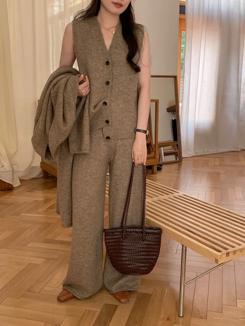 Casual Knitted Long Jacket&Vest&Pants 3 Pieces Suit