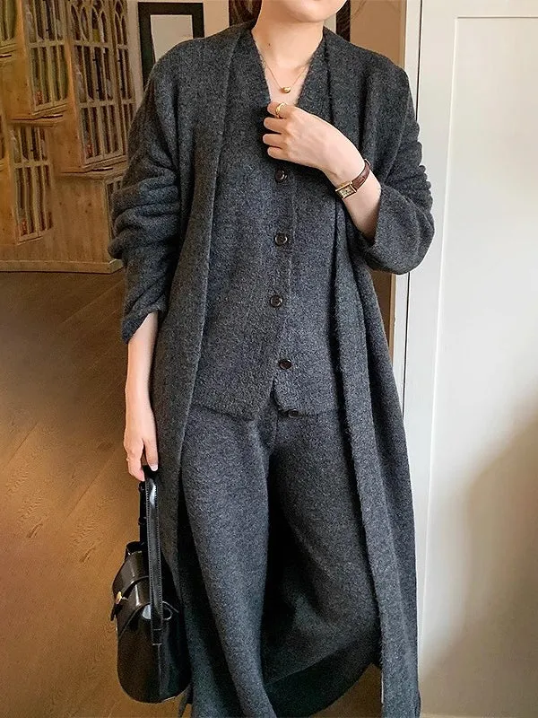 Casual Knitted Long Jacket&Vest&Pants 3 Pieces Suit
