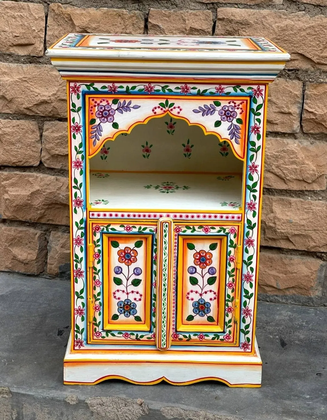 Cream & Yellow Hand Painted Bedside Table | Wooden Cabinet | Bedside | Side Decor (48x36x74cm)