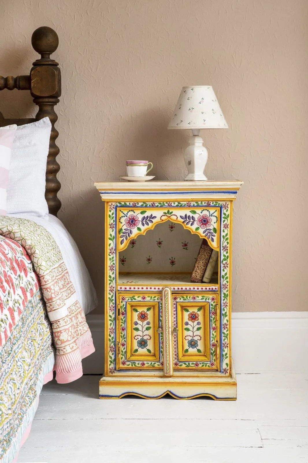 Cream & Yellow Hand Painted Bedside Table | Wooden Cabinet | Bedside | Side Decor (48x36x74cm)