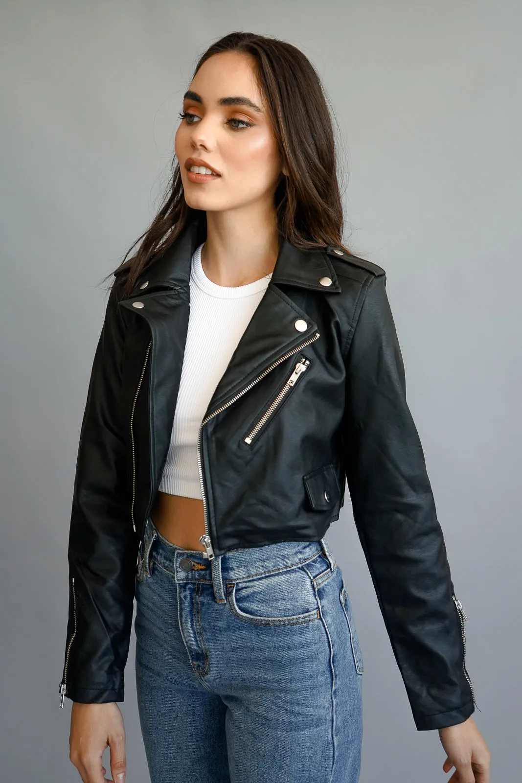 Cropped Faux Leather Jacket