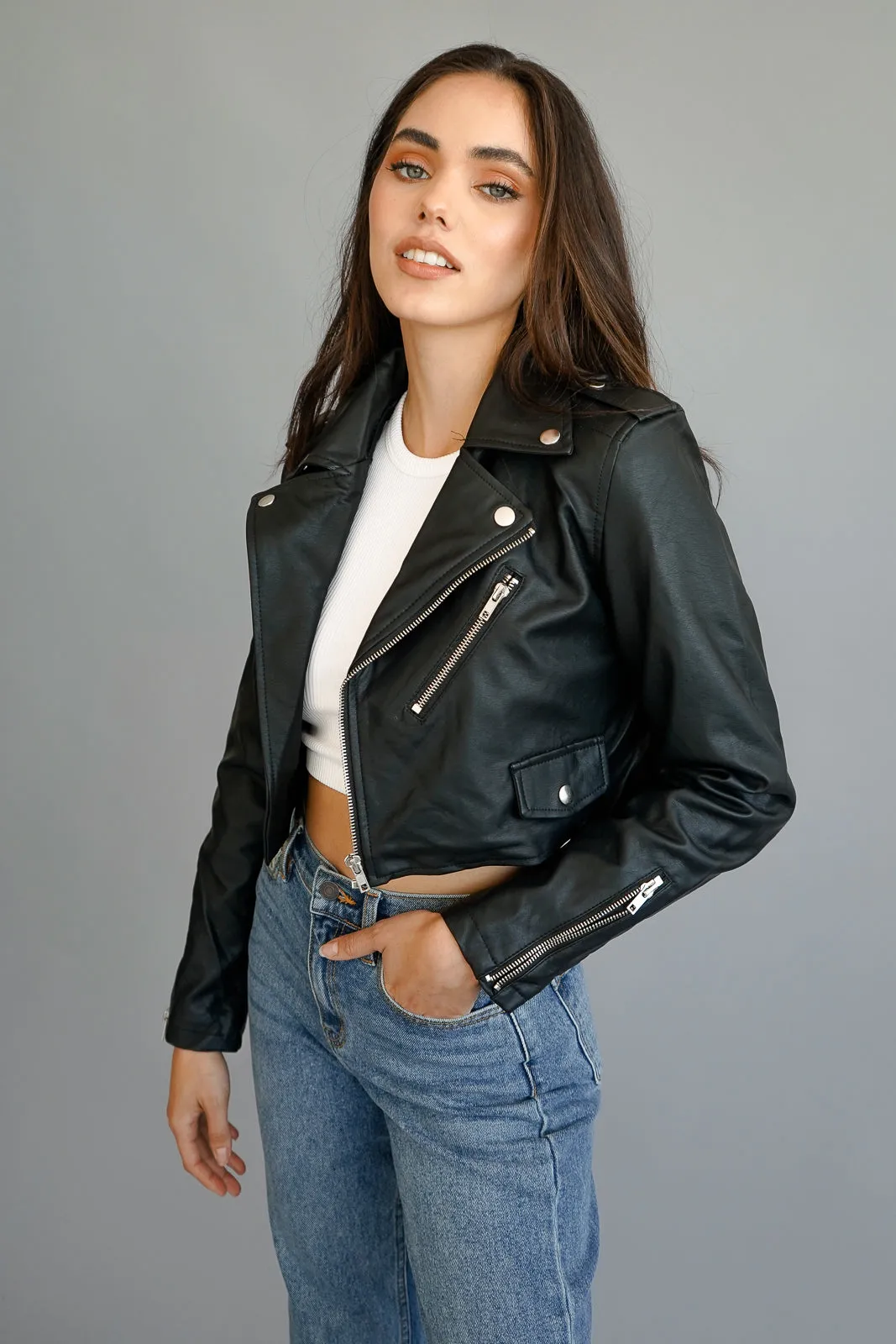 Cropped Faux Leather Jacket