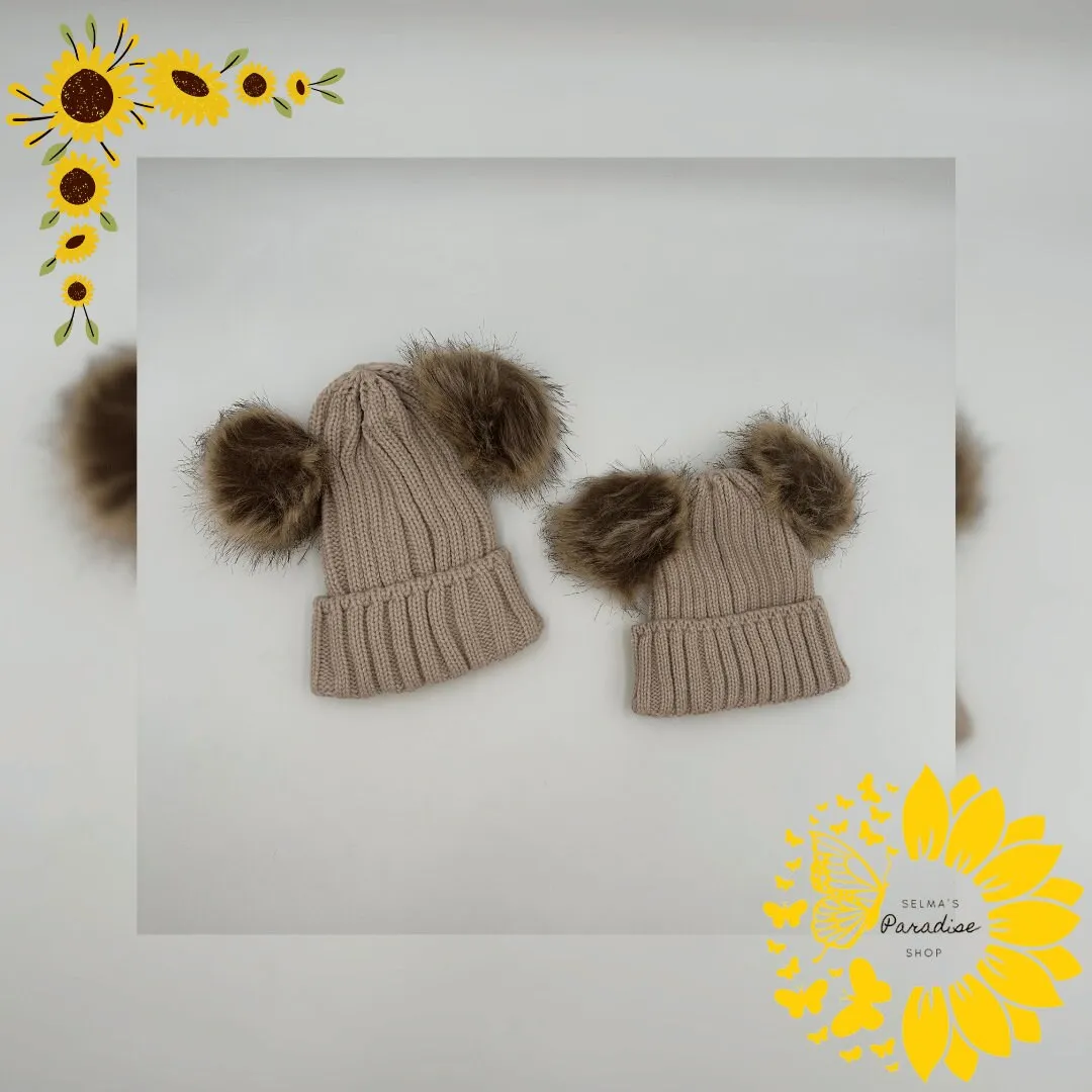Double Hairball Knitted Beanie Hats for Mommy and Me, Knitted Beanie, Winter Hats, Trendy Hats, Matching Hats, Birthday Gift, Cozy stylish