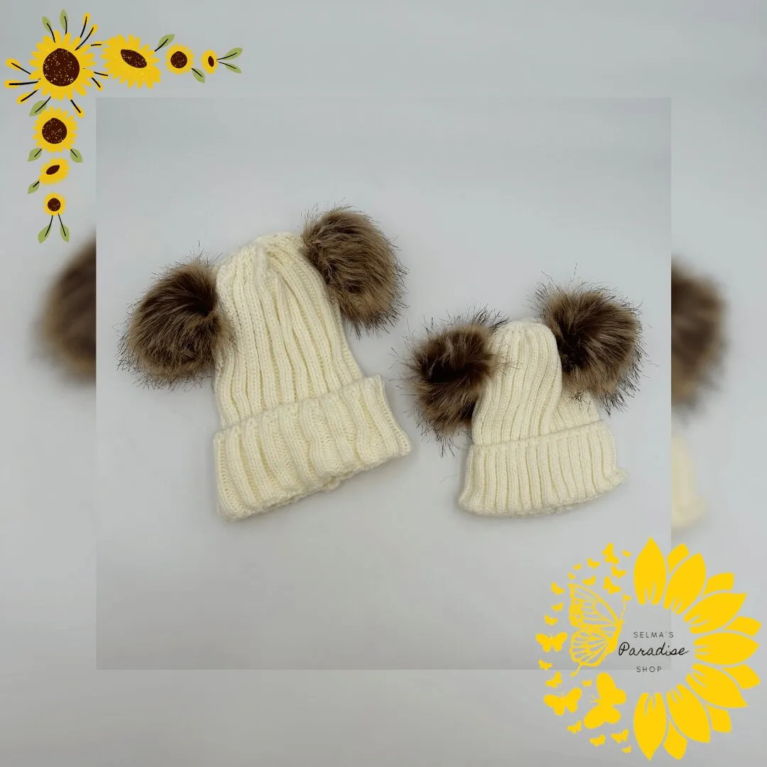 Double Hairball Knitted Beanie Hats for Mommy and Me, Knitted Beanie, Winter Hats, Trendy Hats, Matching Hats, Birthday Gift, Cozy stylish