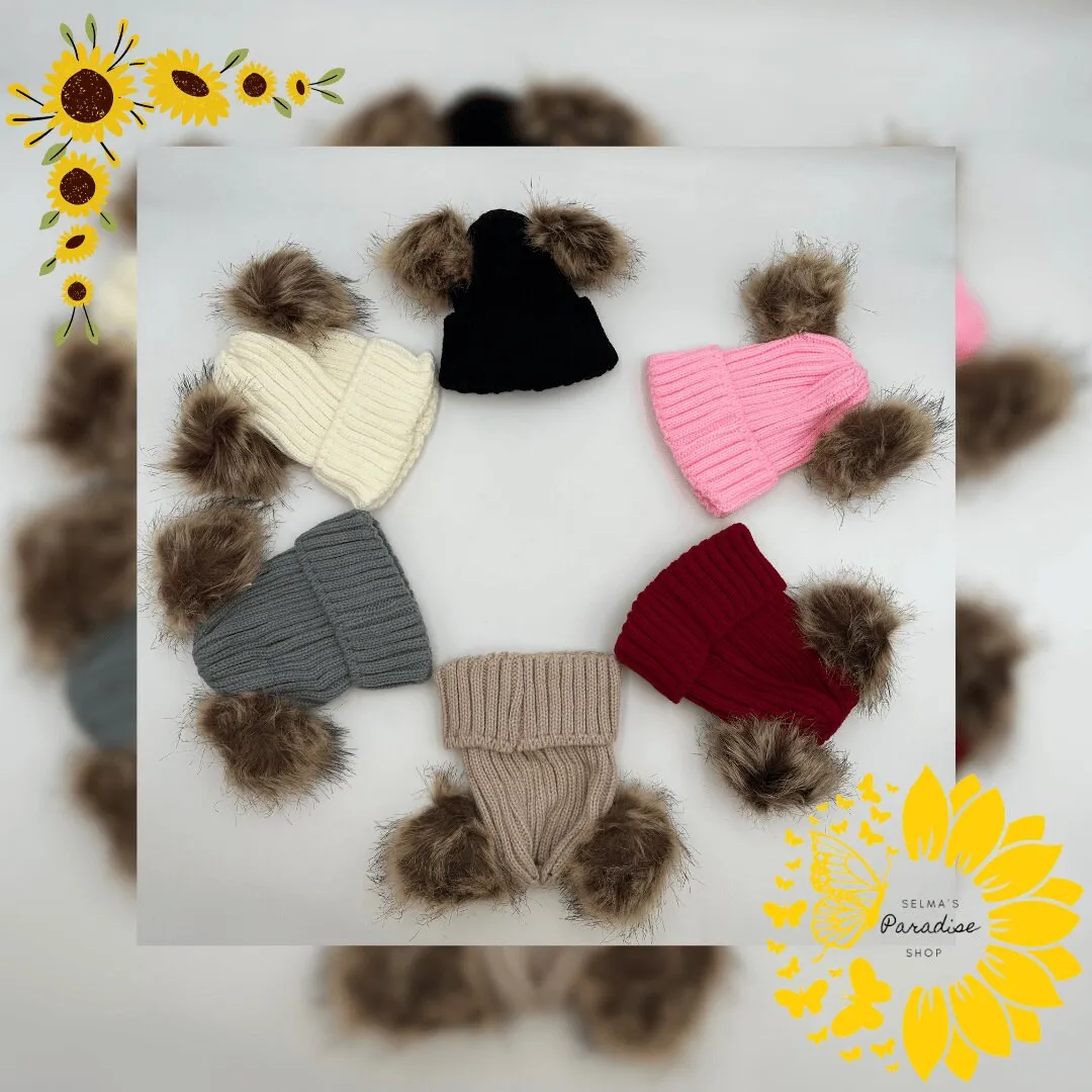 Double Hairball Knitted Beanie Hats for Mommy and Me, Knitted Beanie, Winter Hats, Trendy Hats, Matching Hats, Birthday Gift, Cozy stylish