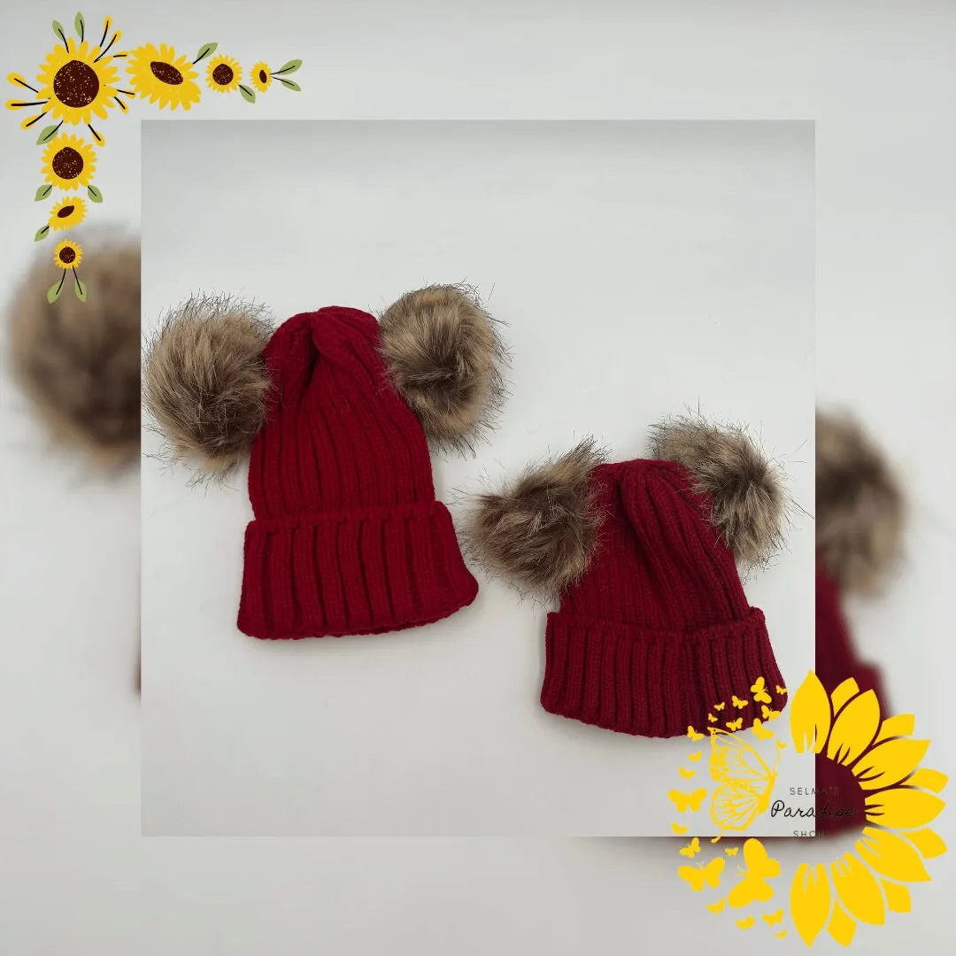 Double Hairball Knitted Beanie Hats for Mommy and Me, Knitted Beanie, Winter Hats, Trendy Hats, Matching Hats, Birthday Gift, Cozy stylish