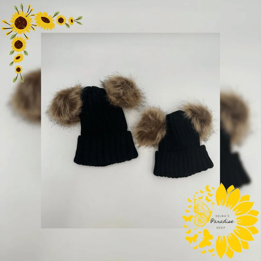 Double Hairball Knitted Beanie Hats for Mommy and Me, Knitted Beanie, Winter Hats, Trendy Hats, Matching Hats, Birthday Gift, Cozy stylish