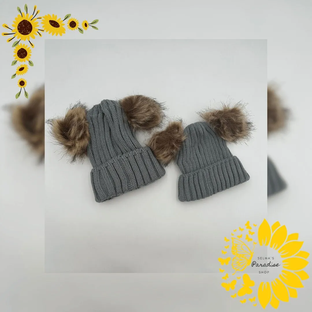 Double Hairball Knitted Beanie Hats for Mommy and Me, Knitted Beanie, Winter Hats, Trendy Hats, Matching Hats, Birthday Gift, Cozy stylish