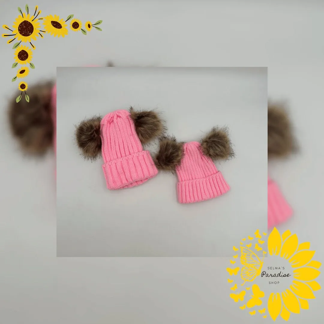 Double Hairball Knitted Beanie Hats for Mommy and Me, Knitted Beanie, Winter Hats, Trendy Hats, Matching Hats, Birthday Gift, Cozy stylish