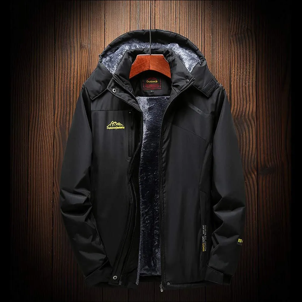 Dreamyth Mens Long Sleeve Winter Outdoor Cashmere Thickening Hoodie Zipper Sport Outdoor Assault Coat (Black, L Bust:116cm/45.7")