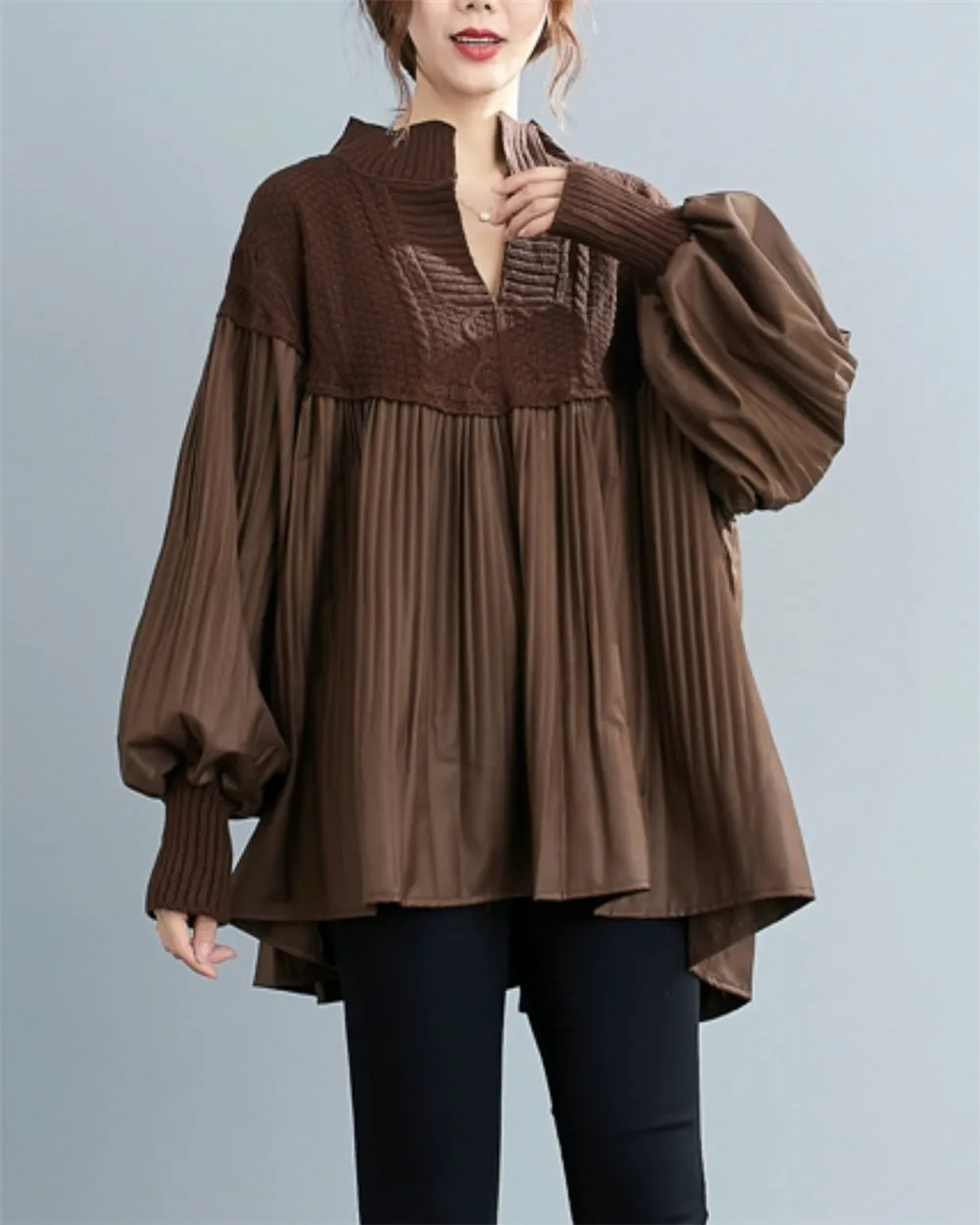 ellazhu Women's Patchwork Pullover V-Neck Puffy Knitted Shirt Tops GZ57