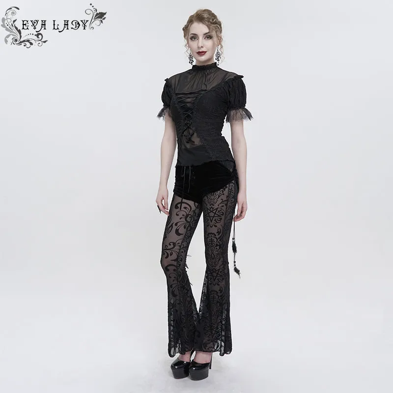 EPT012 Fake two-piece flocked mesh flared pants