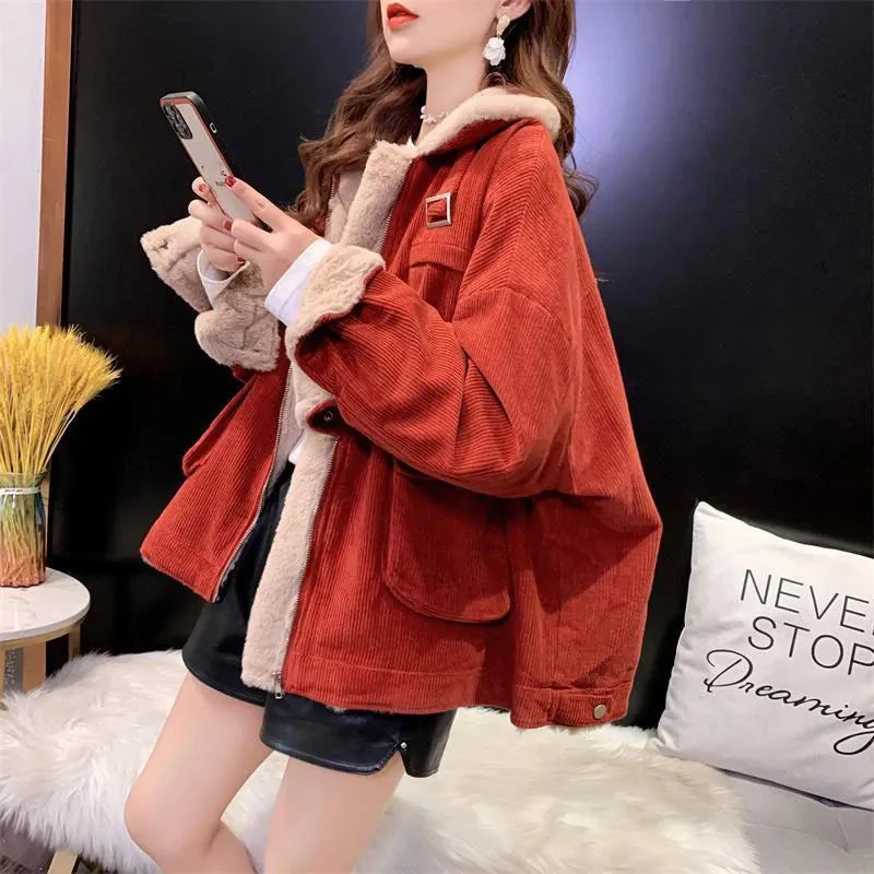 Flytonn-cute winter outfits casual winter outfits christmas outfit party look inspos Loose Wool Thicken Zipper Corduroy Jacket
