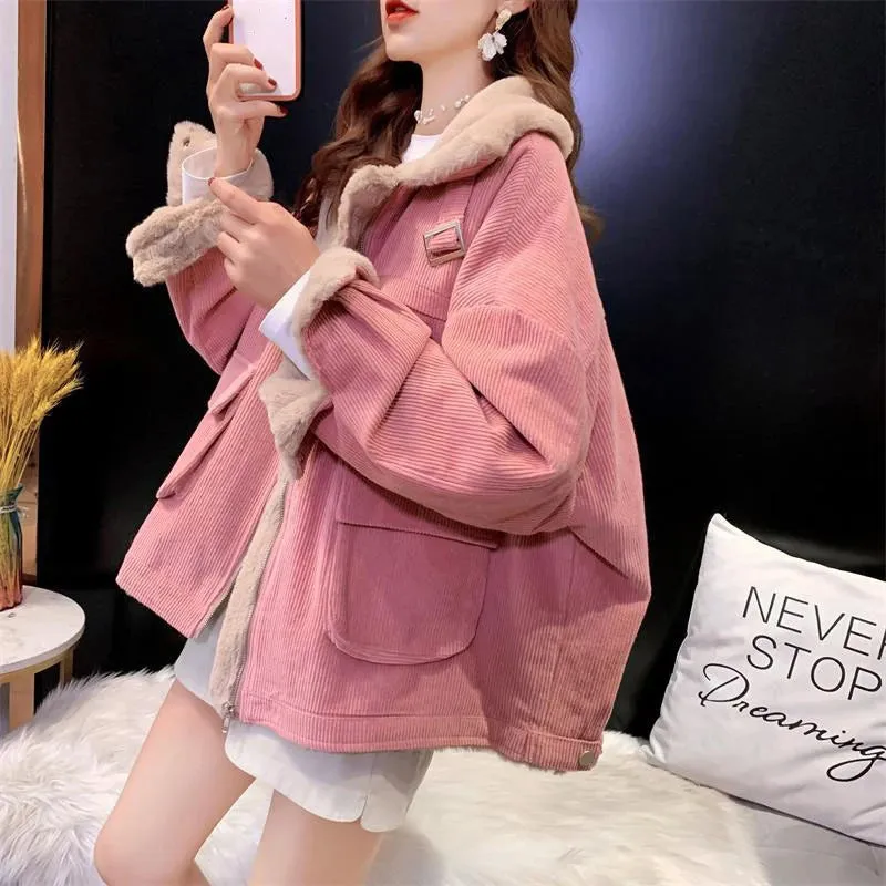Flytonn-cute winter outfits casual winter outfits christmas outfit party look inspos Loose Wool Thicken Zipper Corduroy Jacket