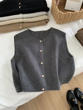 Flytonn-Fall Outfits Women Outwear Streetwear -Gold Buckle Round Neck Knitted Cashmere Vest For Women Loose Fitting Korean Style Lightweight Coat