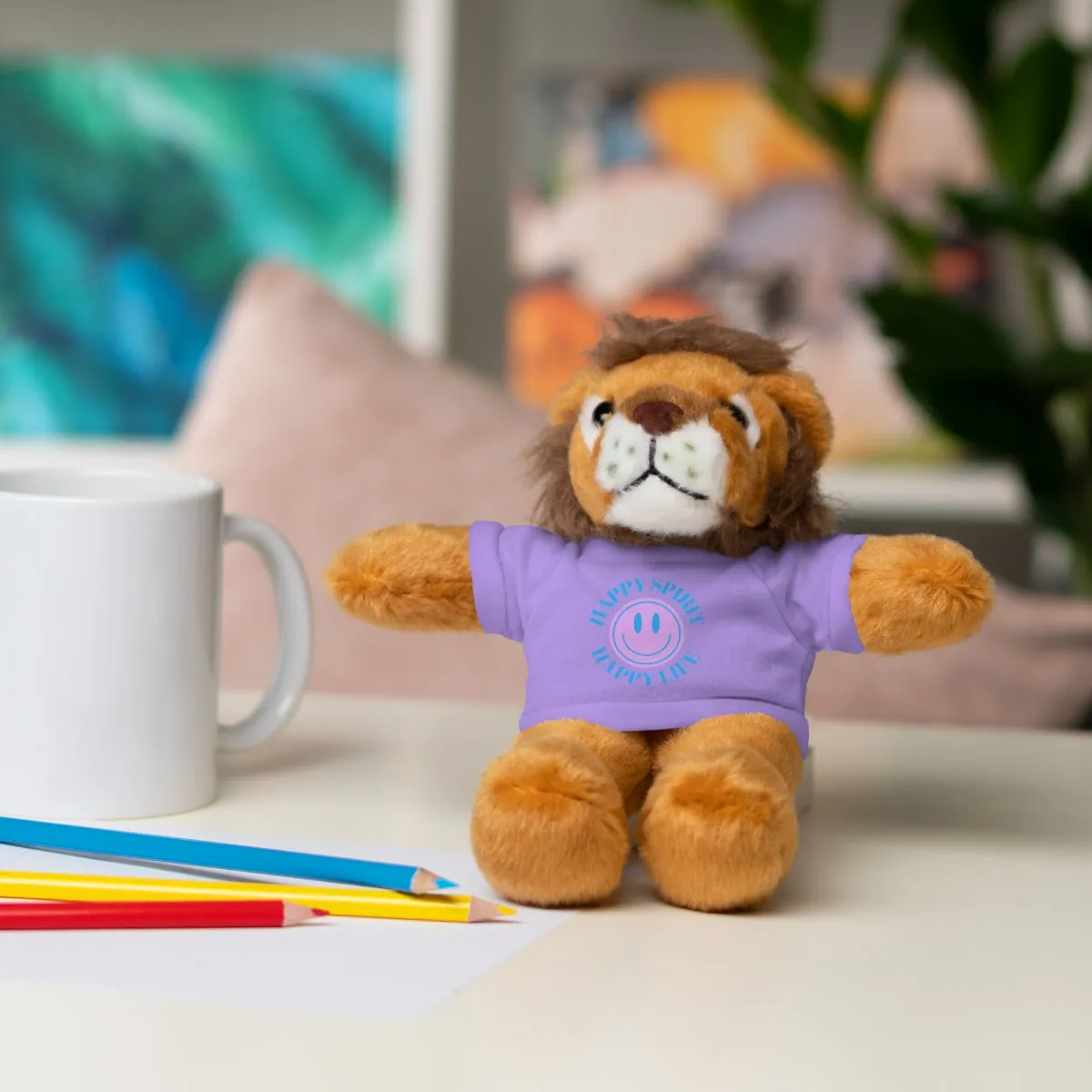 Happy Spirit Happy Life Stuffie, Stuffy, Stuffed Animals with Tee, Happy Mind Gift, Inspo , Love Toy Panda, Bear, Bunny, Jaguar, Sheep, Lion