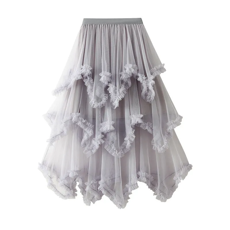 Irregular Mesh Cake Skirt Mid-length High Waist Fluffy Fairy Skirt 749