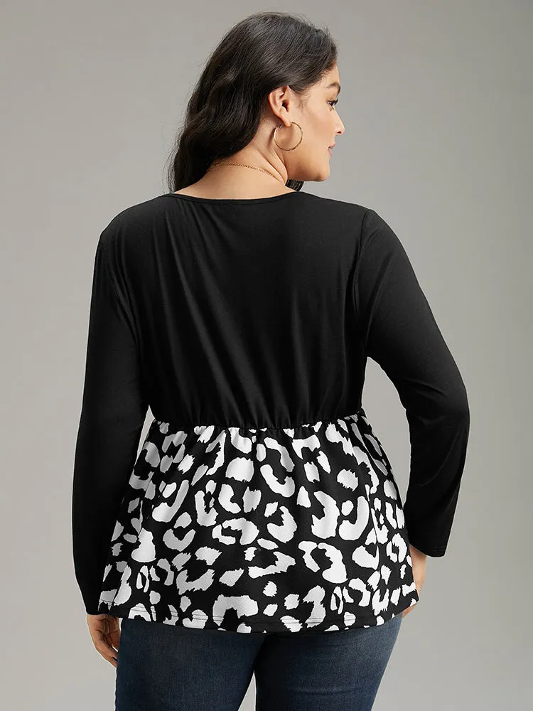 Leopard Print Patchwork Gathered T-shirt