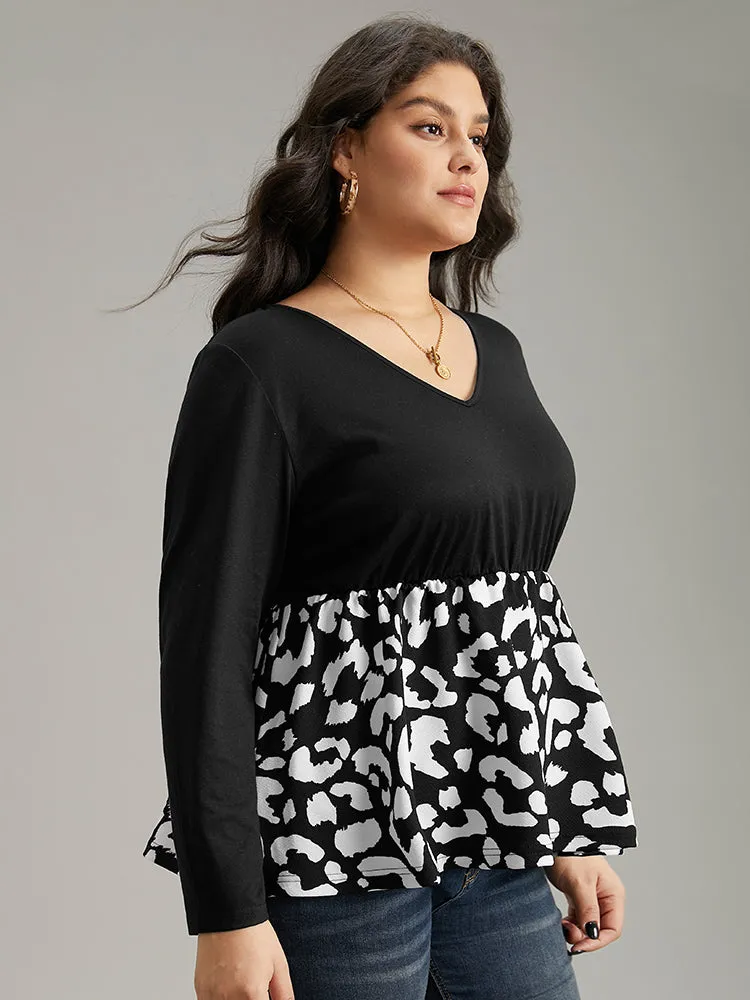 Leopard Print Patchwork Gathered T-shirt