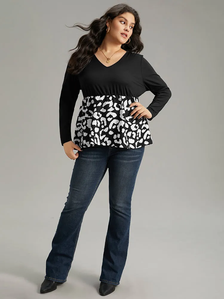 Leopard Print Patchwork Gathered T-shirt