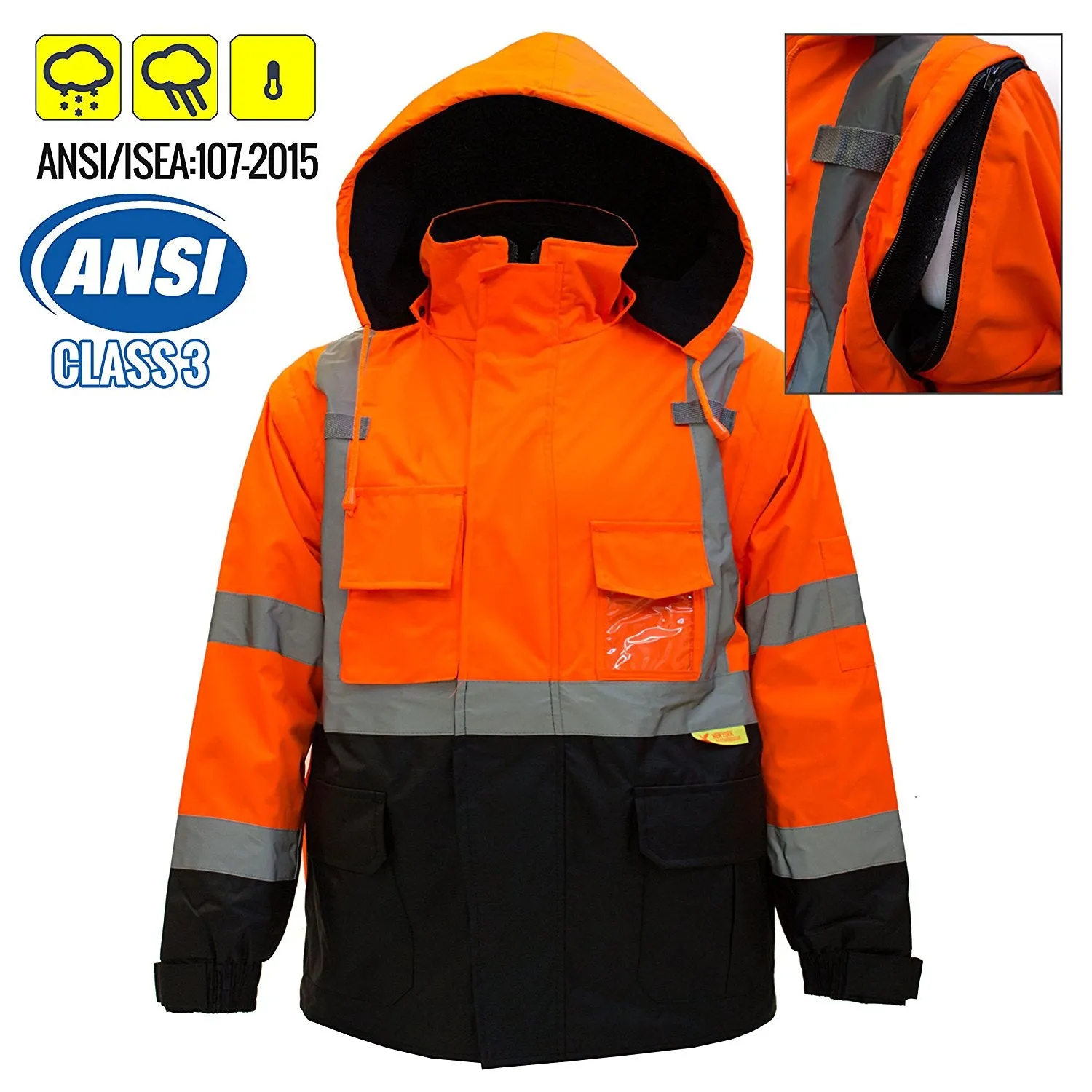 Men's Ansi Class 3 High Visibility Safety Bomber Jacket With Zipper, PVC Pocket, Black Bottom and Detachable sleeve- J8511