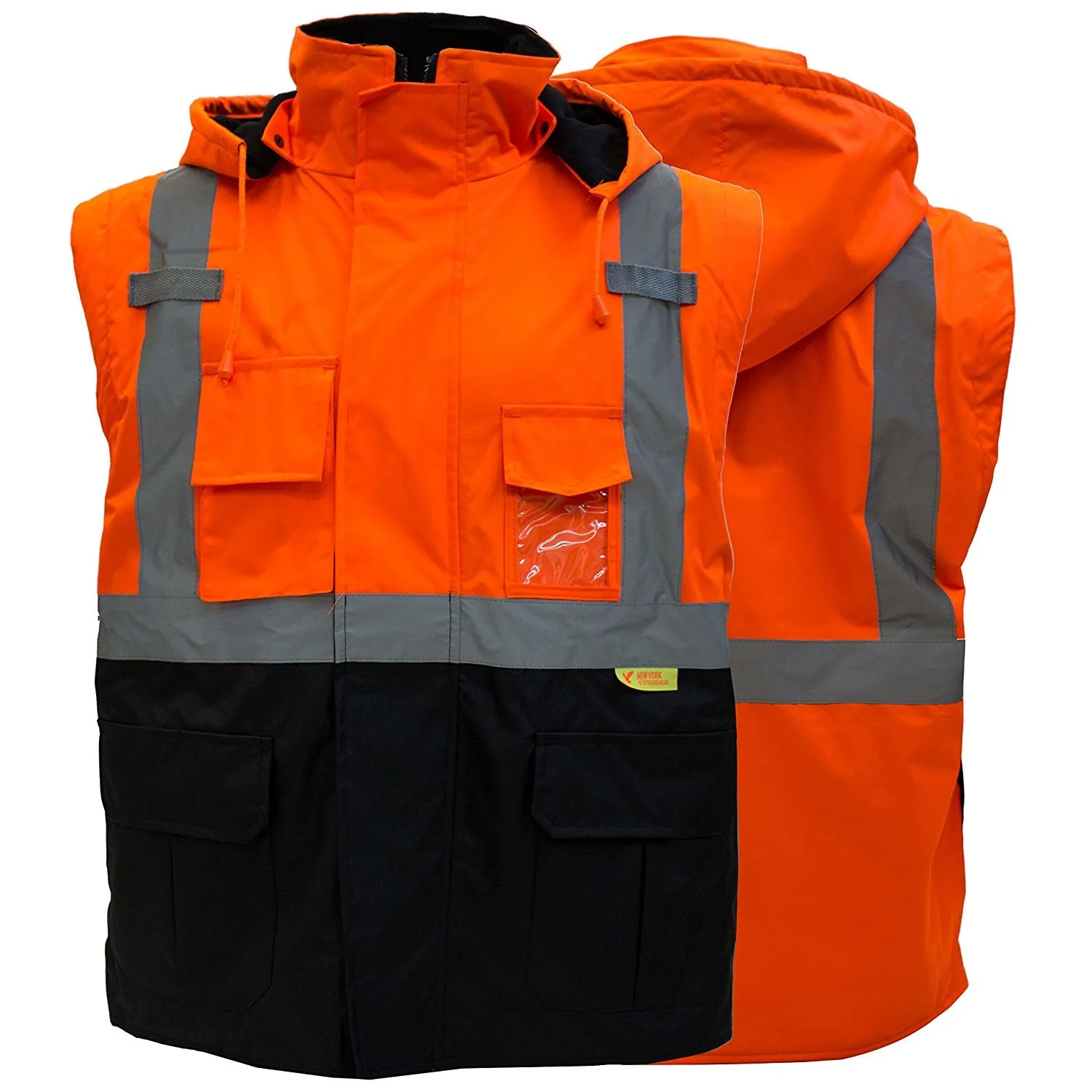 Men's Ansi Class 3 High Visibility Safety Bomber Jacket With Zipper, PVC Pocket, Black Bottom and Detachable sleeve- J8511