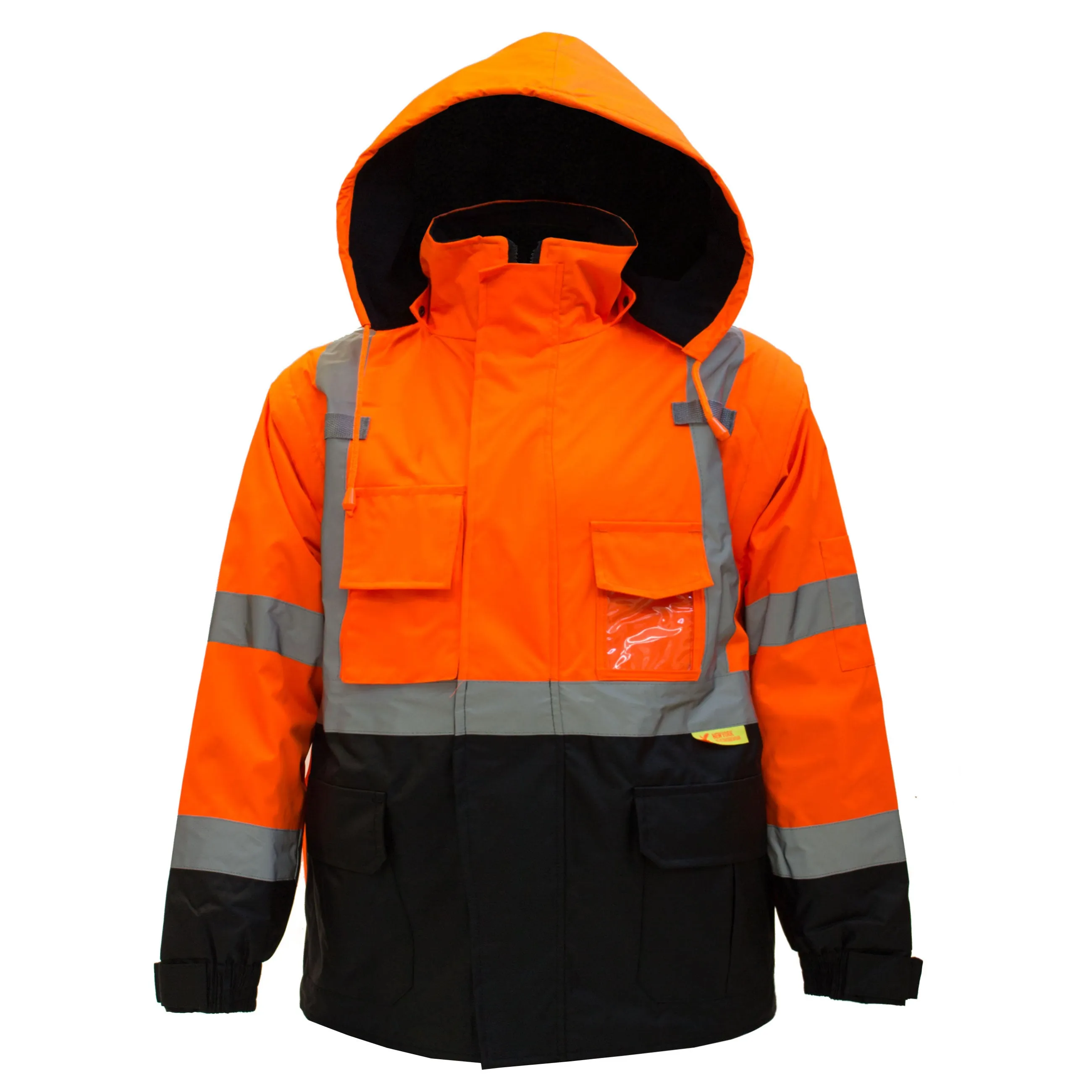 Men's Ansi Class 3 High Visibility Safety Bomber Jacket With Zipper, PVC Pocket, Black Bottom and Detachable sleeve- J8511