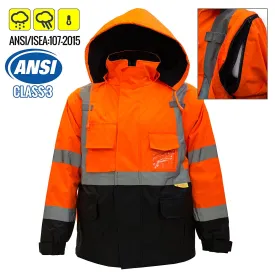 Men's Ansi Class 3 High Visibility Safety Bomber Jacket With Zipper, PVC Pocket, Black Bottom and Detachable sleeve- J8511