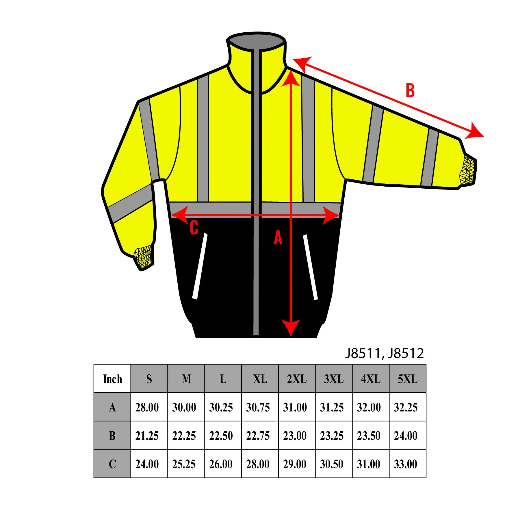 Men's Ansi Class 3 High Visibility Safety Bomber Jacket With Zipper, PVC Pocket, Black Bottom and Detachable sleeve- J8511