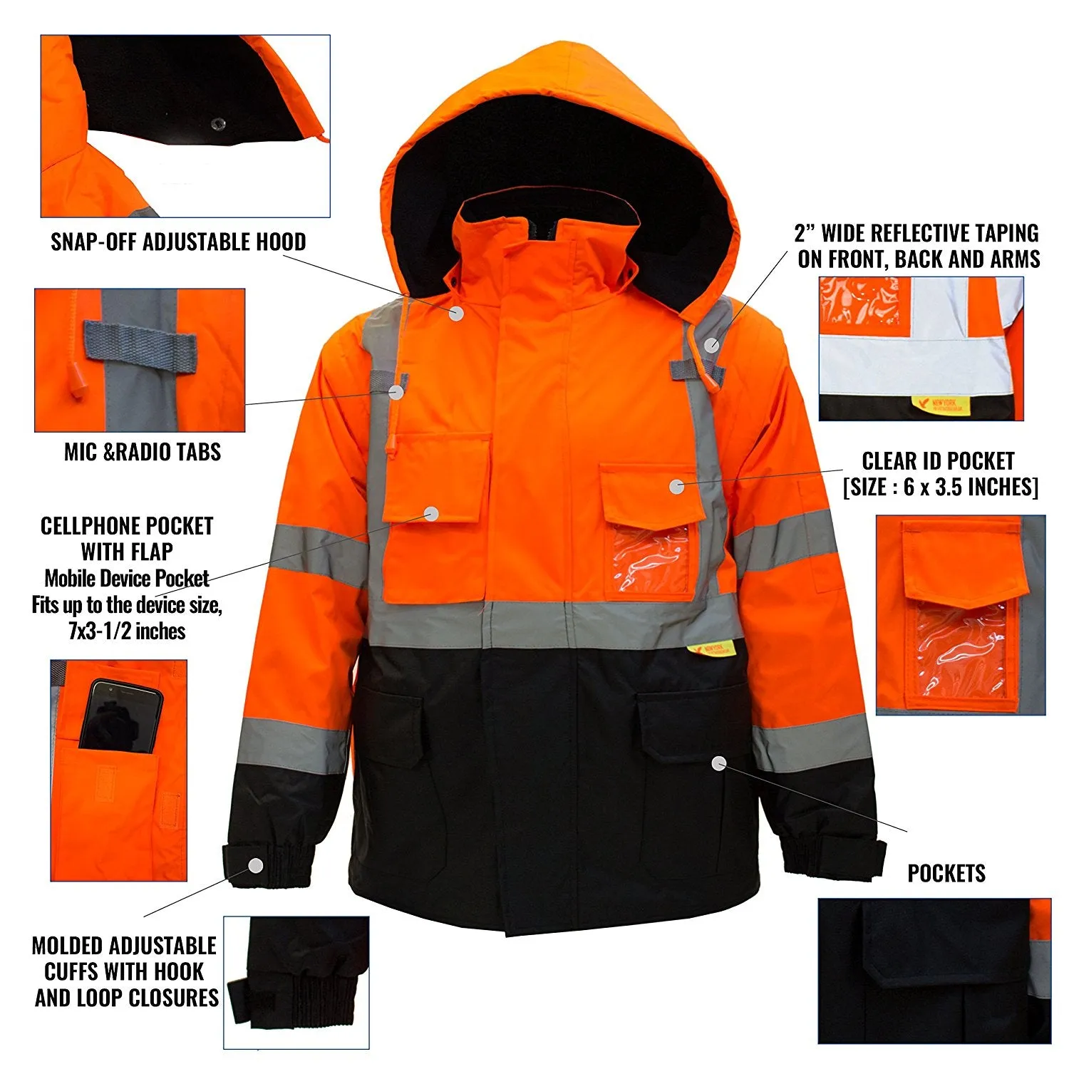 Men's Ansi Class 3 High Visibility Safety Bomber Jacket With Zipper, PVC Pocket, Black Bottom and Detachable sleeve- J8511