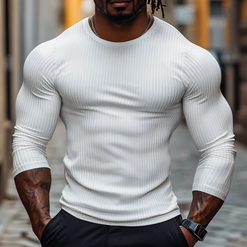 Men's Casual Cotton Blended Ribbed Round Neck Slim Fit Long Sleeve T-Shirt 92306363M