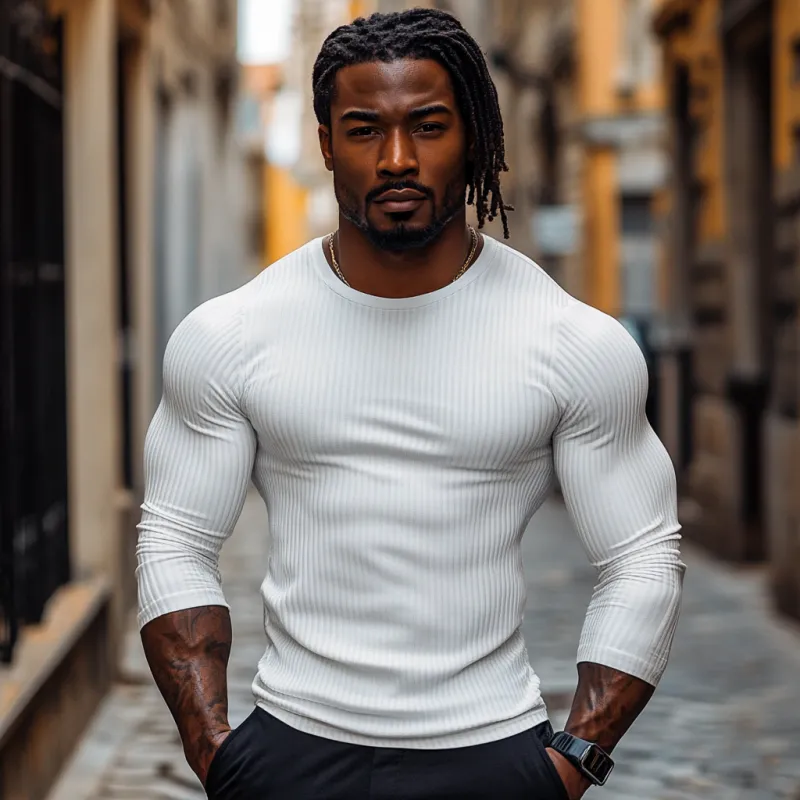 Men's Casual Cotton Blended Ribbed Round Neck Slim Fit Long Sleeve T-Shirt 92306363M