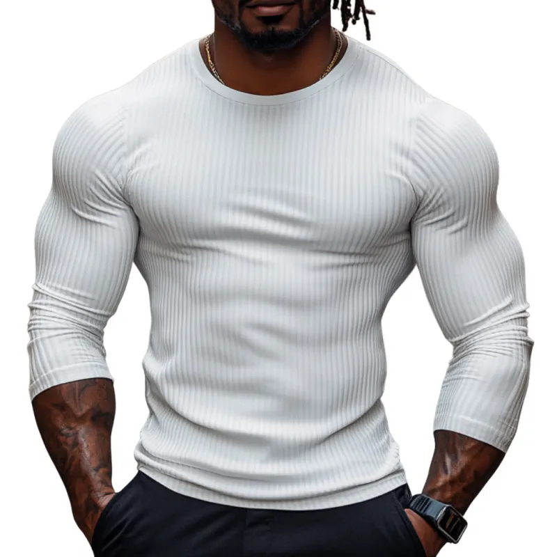 Men's Casual Cotton Blended Ribbed Round Neck Slim Fit Long Sleeve T-Shirt 92306363M