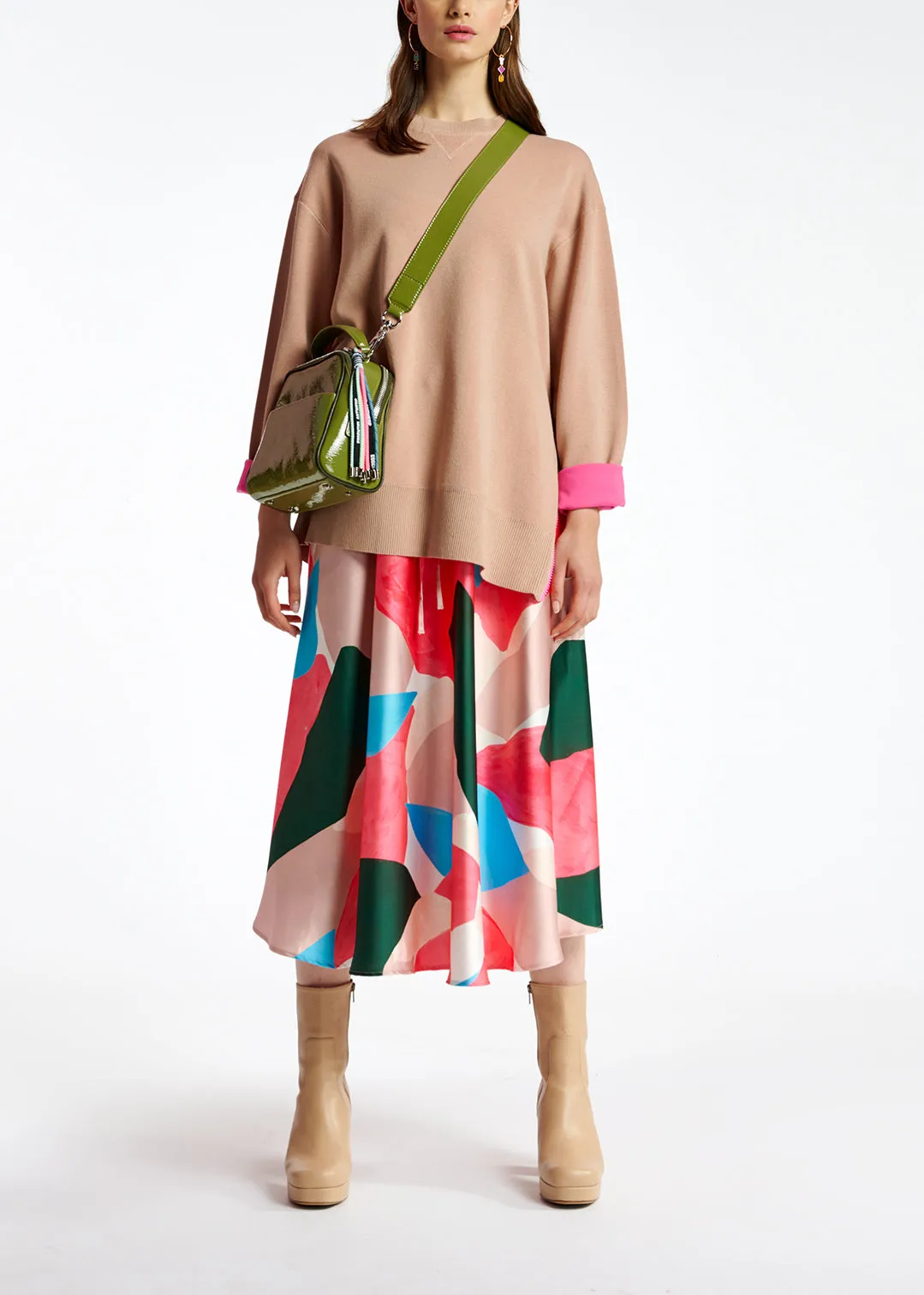 Multicolor midi-length skirt with graphic print