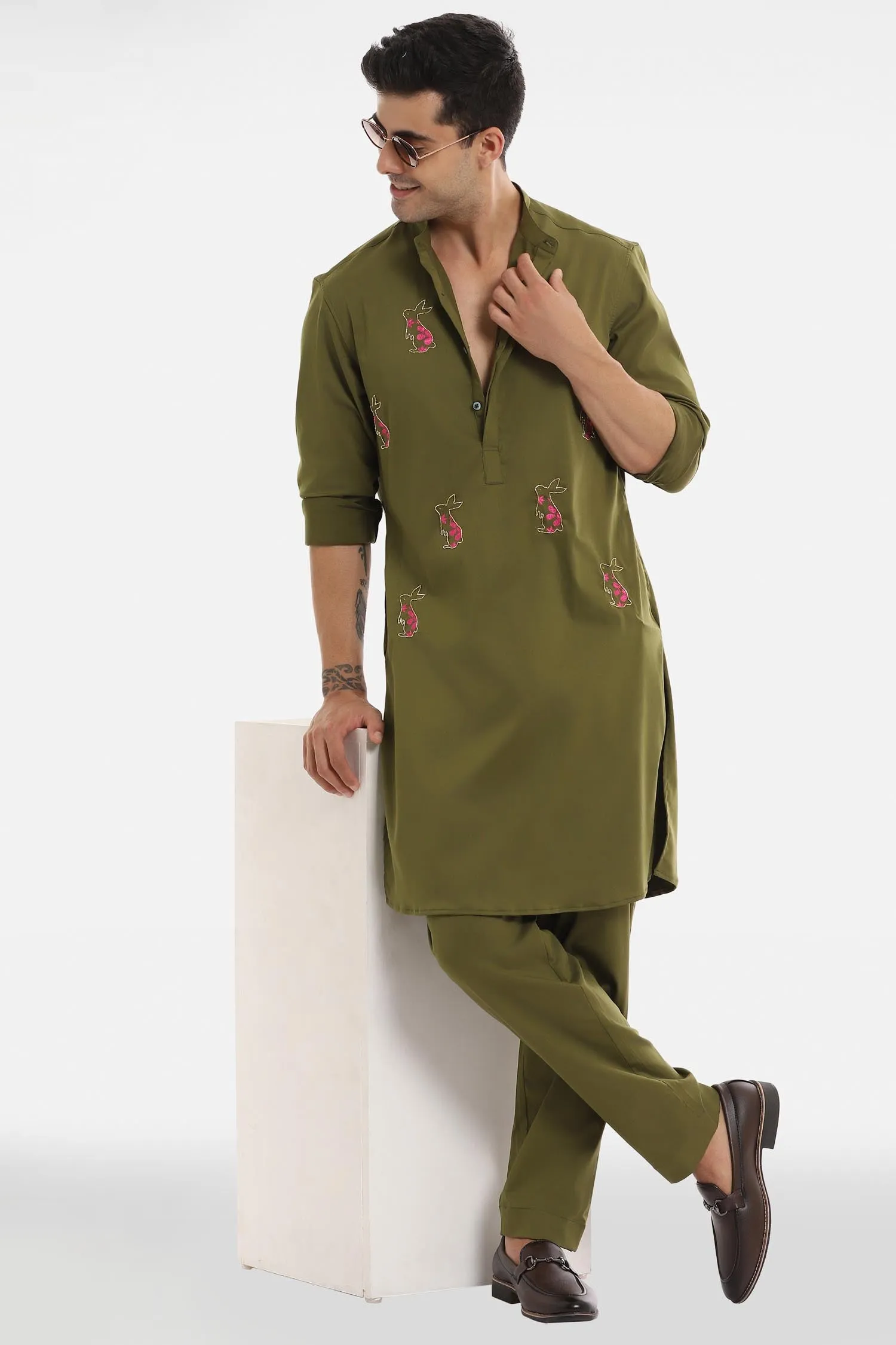 Rabbit Kurta - Olive Green