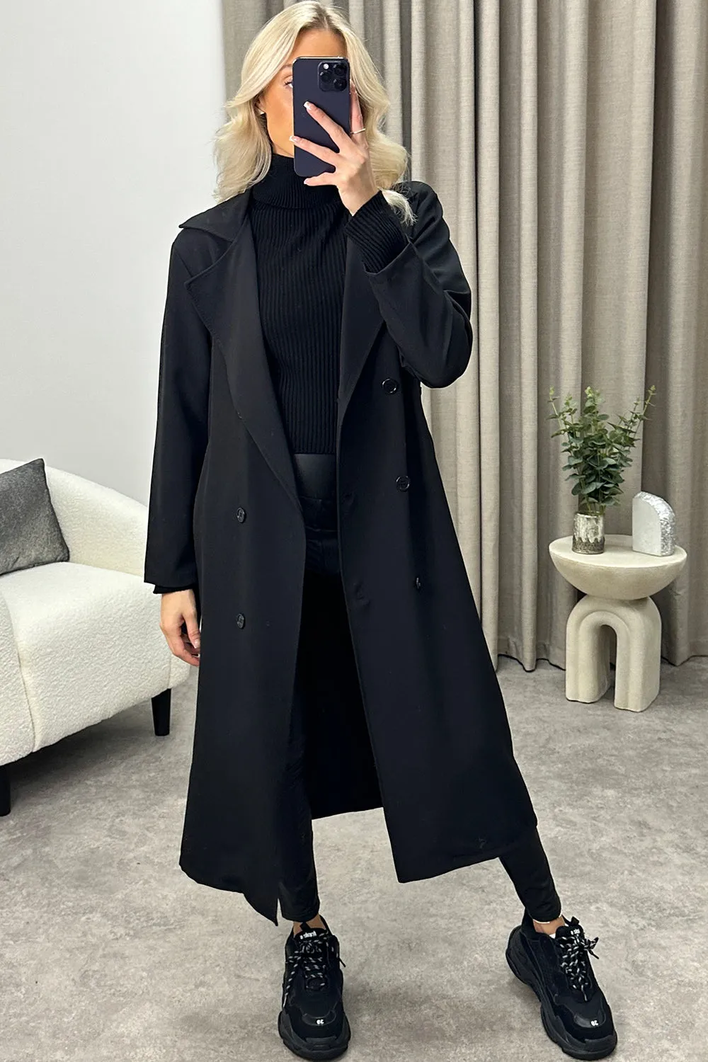 Sharleen Black Button Up Belted Trench Longline Coat