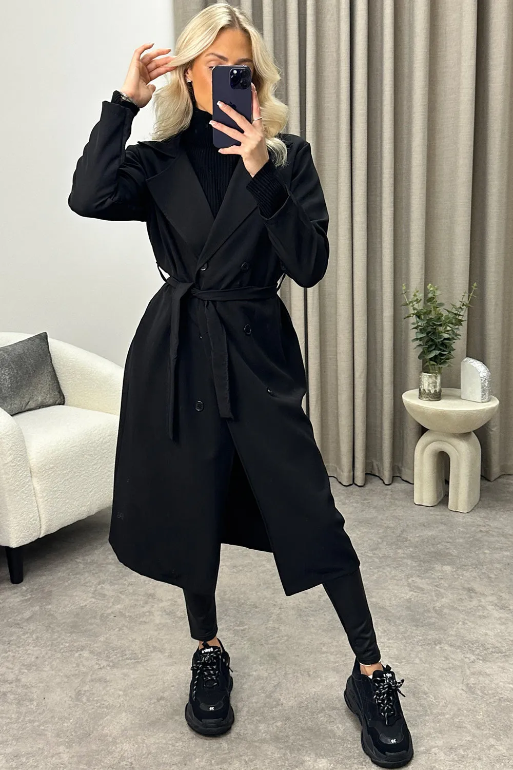 Sharleen Black Button Up Belted Trench Longline Coat