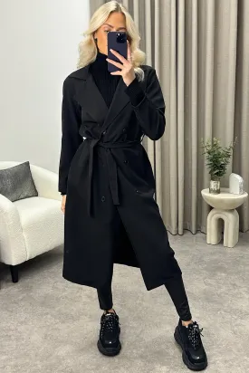 Sharleen Black Button Up Belted Trench Longline Coat