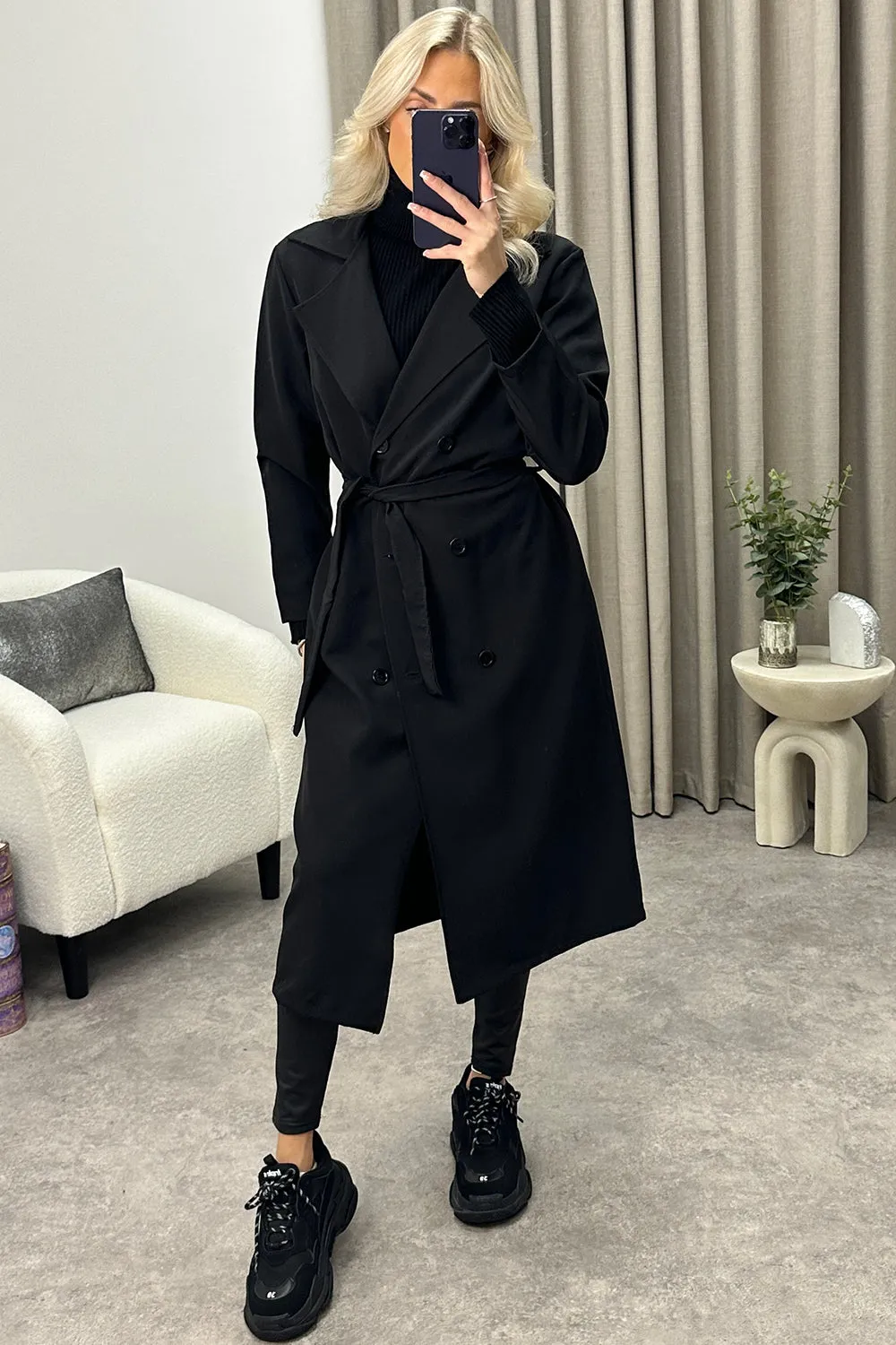 Sharleen Black Button Up Belted Trench Longline Coat