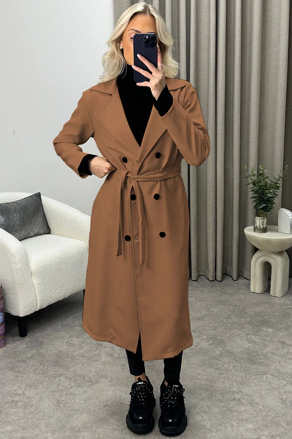 Sharleen Dark Beige Button Up Belted Trench Longline Coat