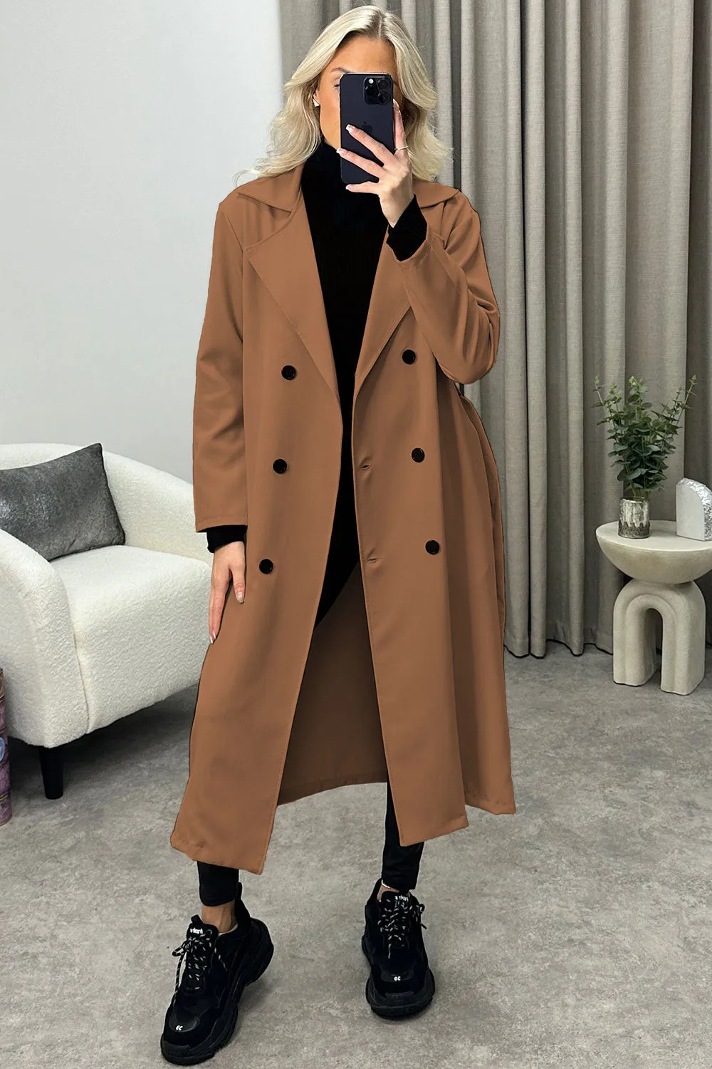 Sharleen Dark Beige Button Up Belted Trench Longline Coat
