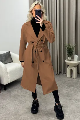Sharleen Dark Beige Button Up Belted Trench Longline Coat